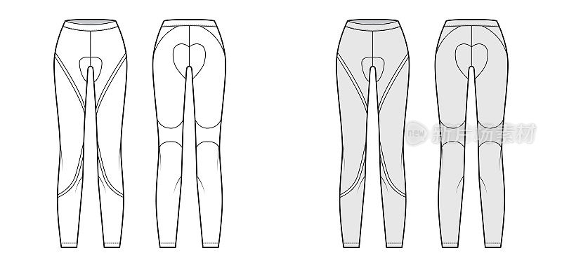 Cycling pants Leggings technical fashion illustration with low waist, rise, full length. Flat sport, casual bottom